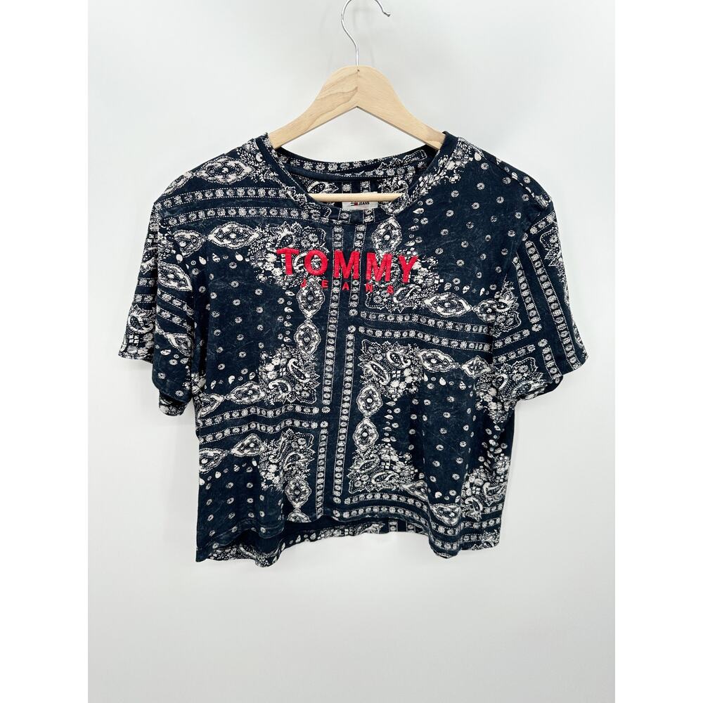 Tommy Jeans Women Cropped Tee Blue Bandana Paisley Print Logo Sz S Festival